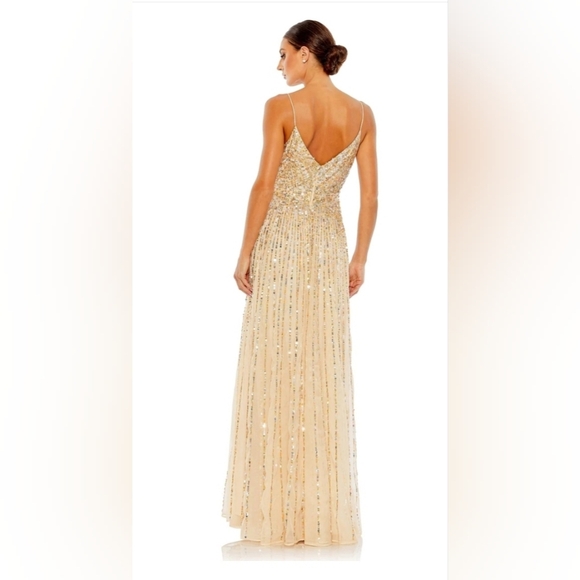 Mac Duggal, Sequined Sleeveless WrapOver A Line Gown, Nude/Gold, Size 8, NWT - Picture 2 of 16